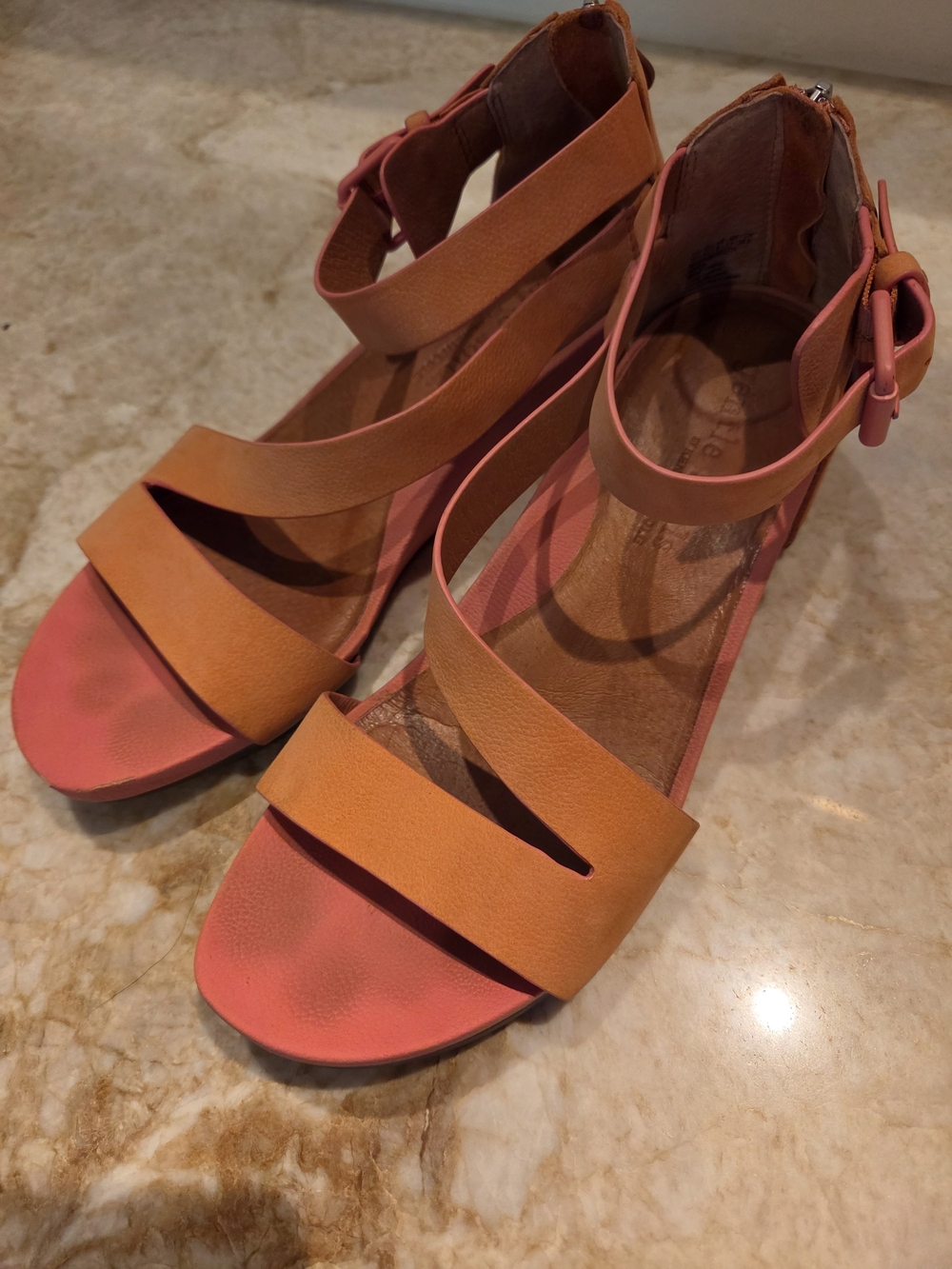 Gentle Souls By Kenneth Cole Gwen Orange and Coral Strappy Ankle Wedge Sandals